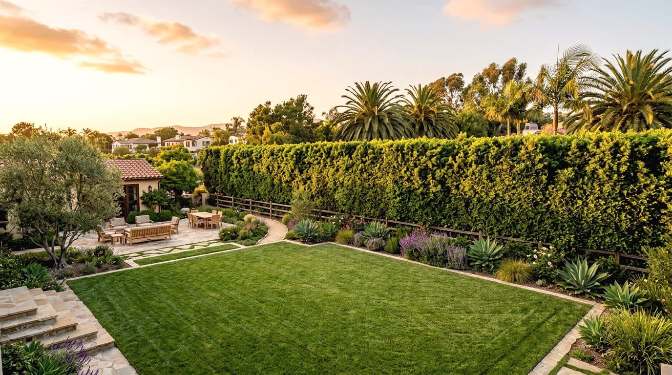 A tall, dense privacy hedge along a Southern California backyard property line